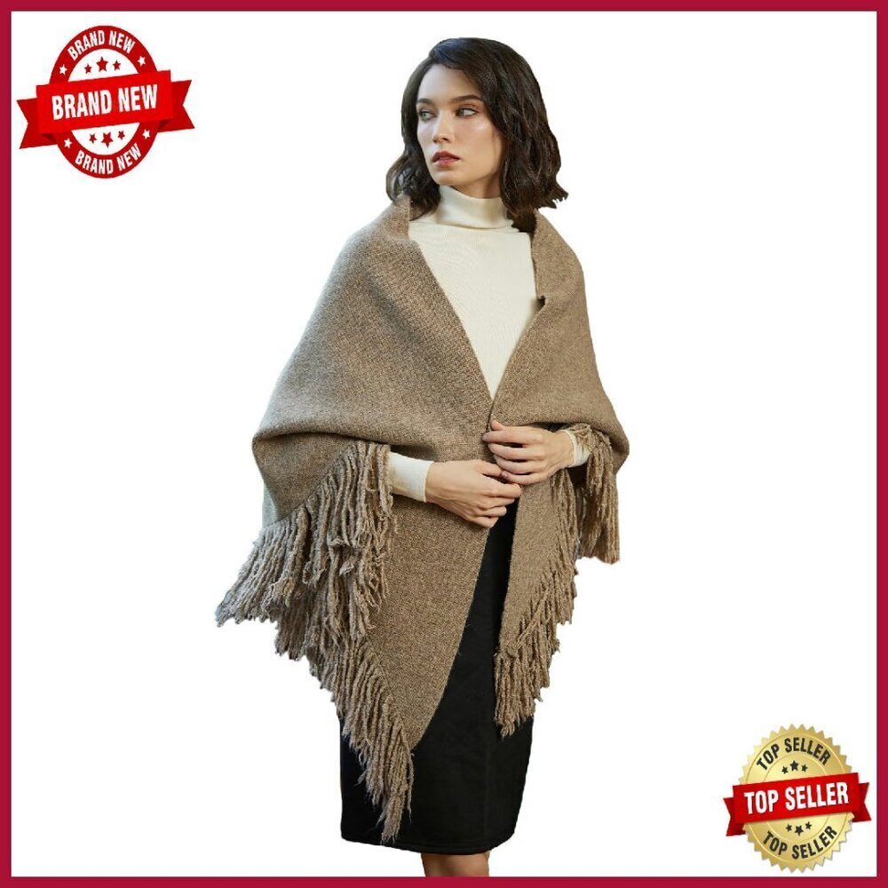 Wool Blend Shawl 28" Long Oversized Poncho Wrap Fringe Tassels